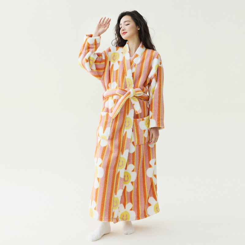 Autumn Winter Coral Fleece Unisex Bathrobe Long Robe Anti-Static