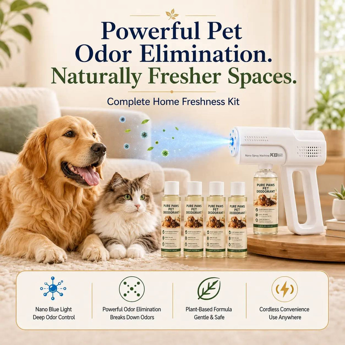 Plant-Based Pet Deodorizing and Stain-Removing Spray for Dogs and Cats