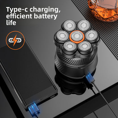 7-Blade Magnetic Rotary Electric Head Shaver with LED Display - Wet & Dry Waterproof