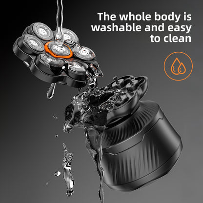 7-Blade Magnetic Rotary Electric Head Shaver with LED Display - Wet & Dry Waterproof