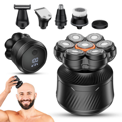 7-Blade Magnetic Rotary Electric Head Shaver with LED Display - Wet & Dry Waterproof