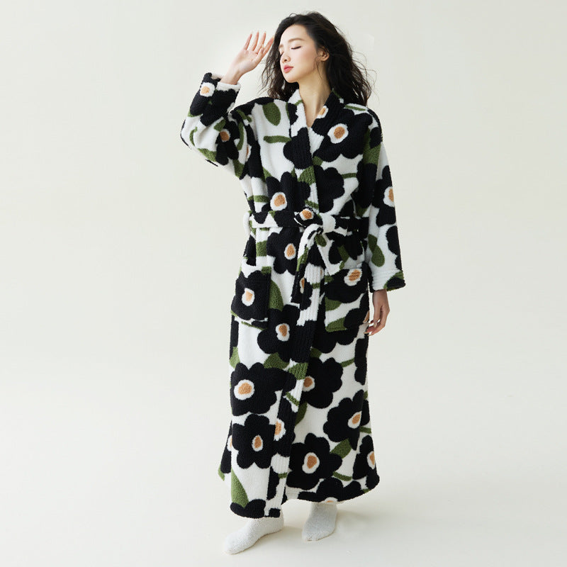 Autumn Winter Coral Fleece Unisex Bathrobe Long Robe Anti-Static