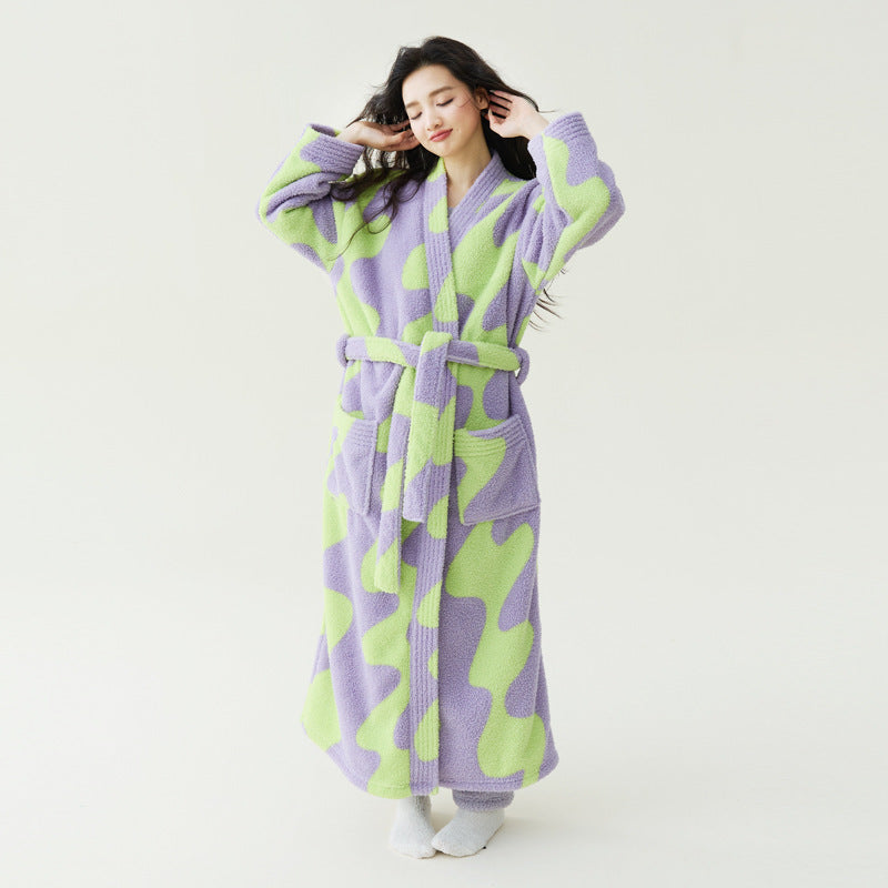 Autumn Winter Coral Fleece Unisex Bathrobe Long Robe Anti-Static