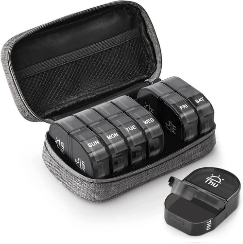14 Compartment Weekly Pill Organizer with Leather Case