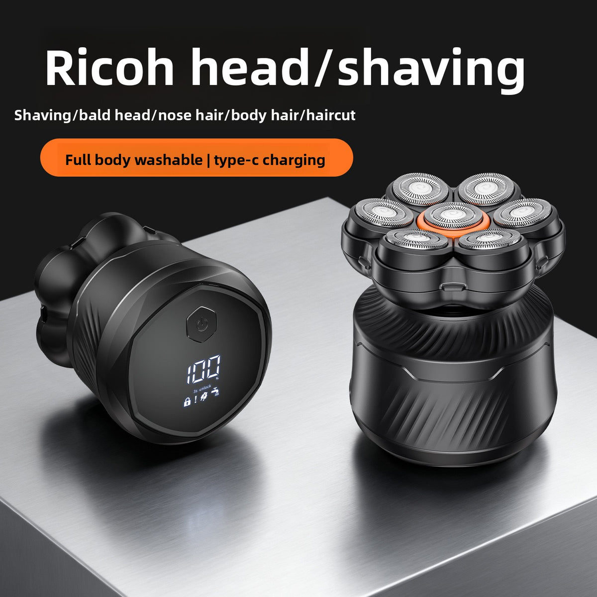 7-Blade Magnetic Rotary Electric Head Shaver with LED Display - Wet & Dry Waterproof