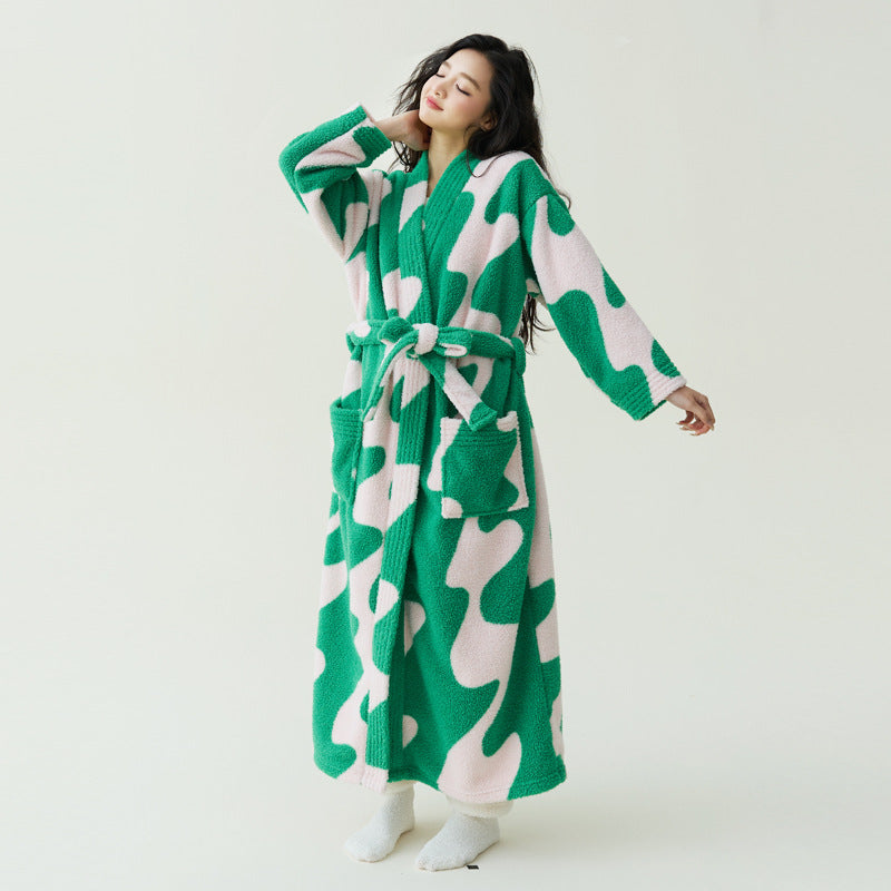 Autumn Winter Coral Fleece Unisex Bathrobe Long Robe Anti-Static