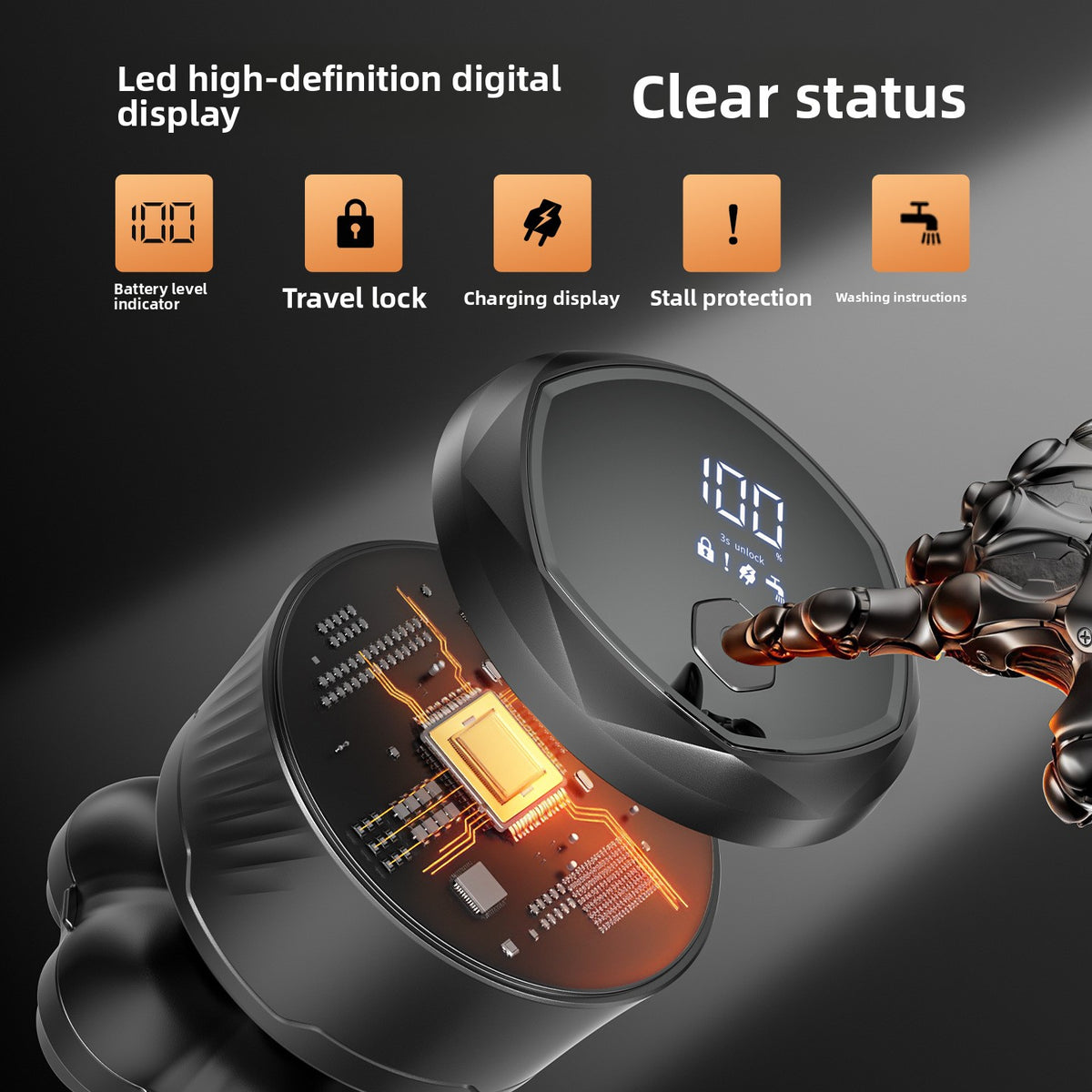 7-Blade Magnetic Rotary Electric Head Shaver with LED Display - Wet & Dry Waterproof